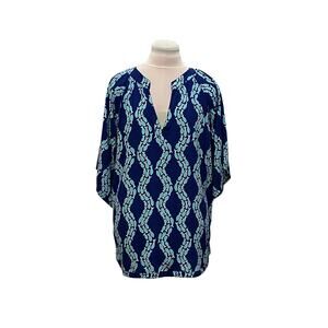 ESCAPADA Nautical Fish Print SS Top Vneck LARGE Flowy Rayon Beachy Resort Wear